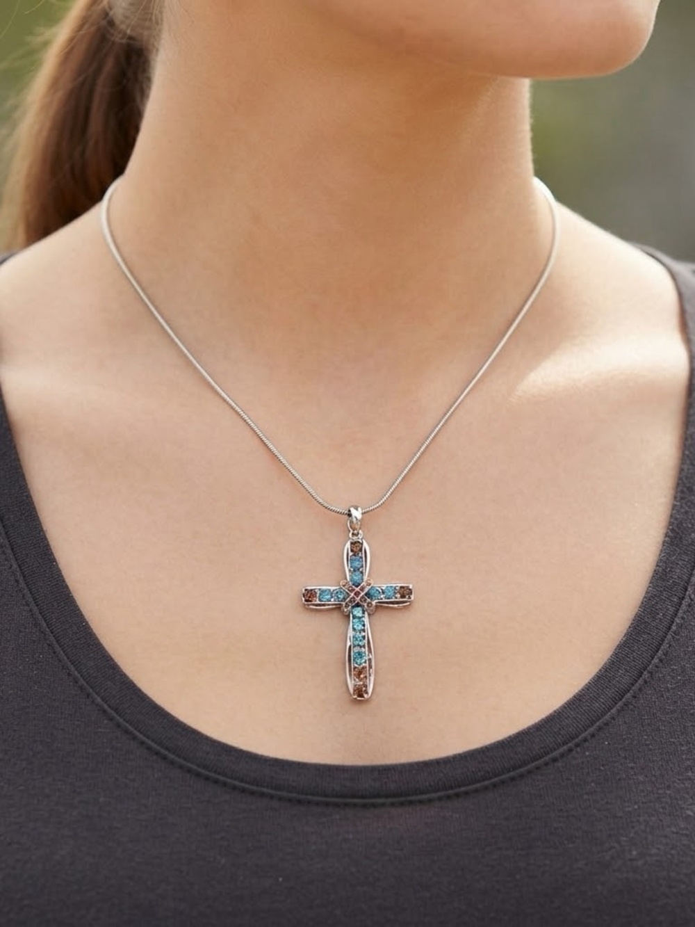 Sterling Silver Cross Necklace with Blue Crystal Accents